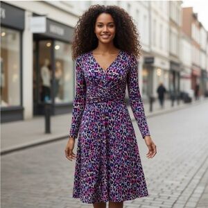 EUC Pact organic Multicolor Jaguar / Leopard Print Midi Faux Wrap Dress XS